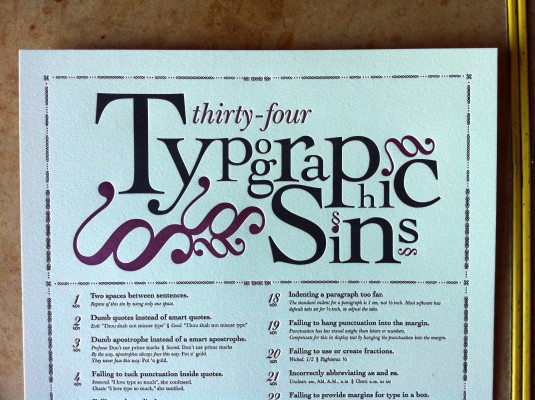 34 Typographic Sins Letterpress Poster